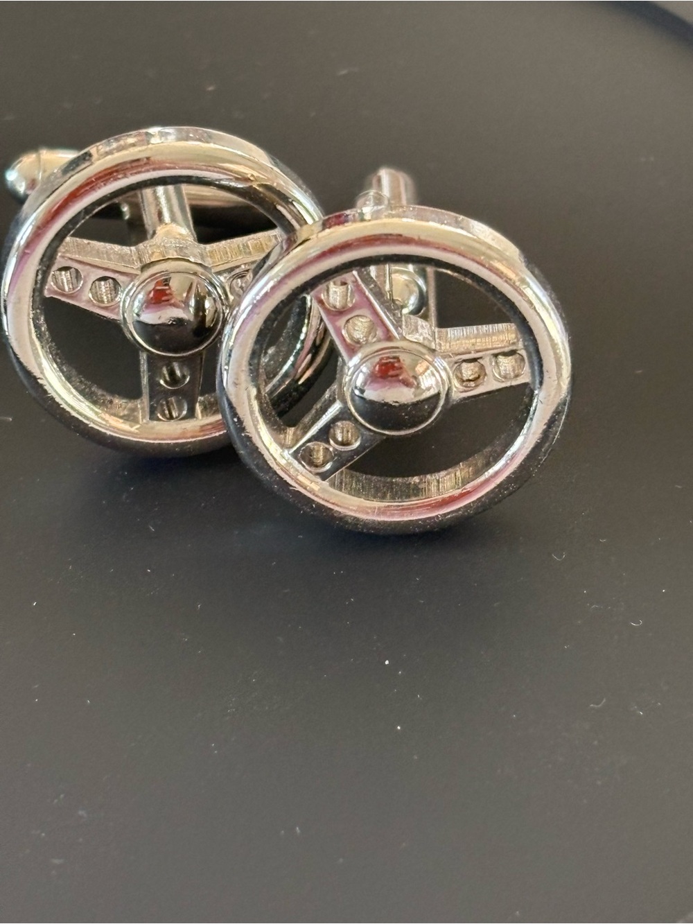 Polished Silver Steering Wheel Cufflinks for Men
